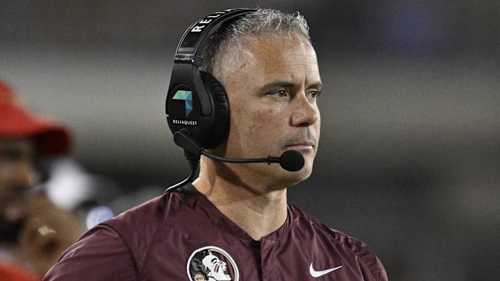 Sep 28, 2024; Dallas, Texas, USA; Florida State Seminoles head coach Mike Norvell during the game between the Southern Methodist Mustangs and the Florida State Seminoles at Gerald J. Ford Stadium. Mandatory Credit: Jerome Miron-Imagn Images Sep 28, 2024; Dallas, Texas, USA; Florida State Seminoles head coach Mike Norvell during the game between the Southern Methodist Mustangs and the Florida State Seminoles at Gerald J. Ford Stadium. Mandatory Credit: Jerome Miron-Imagn Images