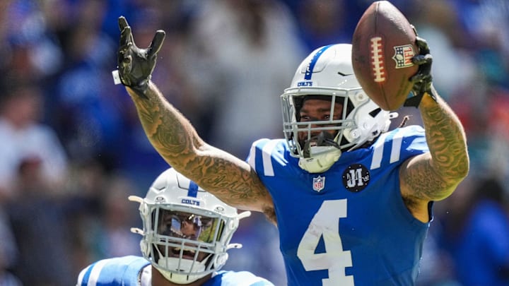Indianapolis Colts cornerback Xavien Howard (4) celebrates a turnover Sunday, Sept. 7, 2025, during the game at Lucas Oil Stadium in Indianapolis. The Indianapolis Colts defeated the Miami Dolphins, 33-8. Indianapolis Colts cornerback Xavien Howard (4) celebrates a turnover Sunday, Sept. 7, 2025, during the game at Lucas Oil Stadium in Indianapolis. The Indianapolis Colts defeated the Miami Dolphins, 33-8.