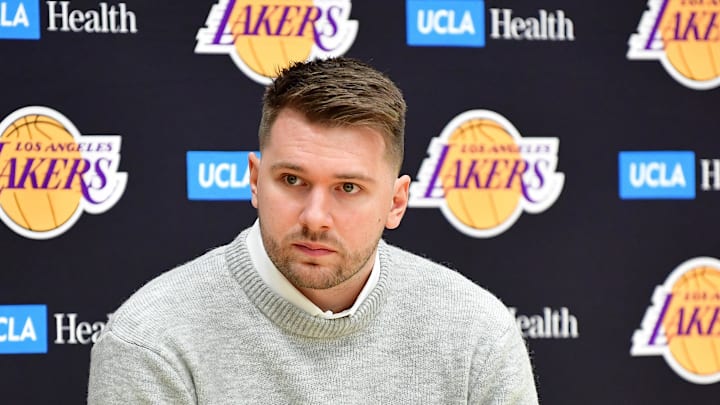 Feb 4, 2025; El Segundo, CA, USA; Los Angeles Lakers guard Luka Doncic is introduced at UCLA Health Training Center. Mandatory Credit: Gary A. Vasquez-Imagn Images