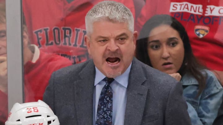 Jan 16, 2025; Sunrise, Florida, USA; Detroit Red Wings head coach Todd McLellan reacts from the bench against the Florida Panthers during the second period at Amerant Bank Arena. Mandatory Credit: Sam Navarro-Imagn Images