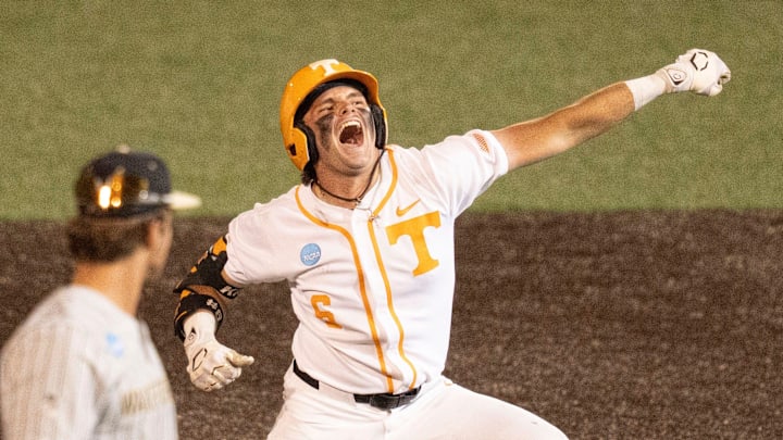 Tennessee's Gavin Kilen (6) celebrates after hitting a double at the NCAA college baseball Knoxville Regional final against Wake Forest on June 2, 2025, in Knoxville, Tenn.