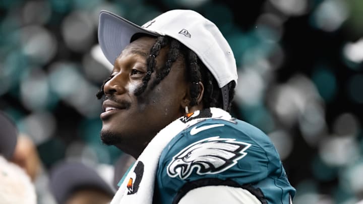 Feb 9, 2025; New Orleans, LA, USA; Philadelphia Eagles wide receiver A.J. Brown (11) celebrates after defeating the Kansas City Chiefs during Super Bowl LIX at Ceasars Superdome. Mandatory Credit: Mark J. Rebilas-Imagn Images