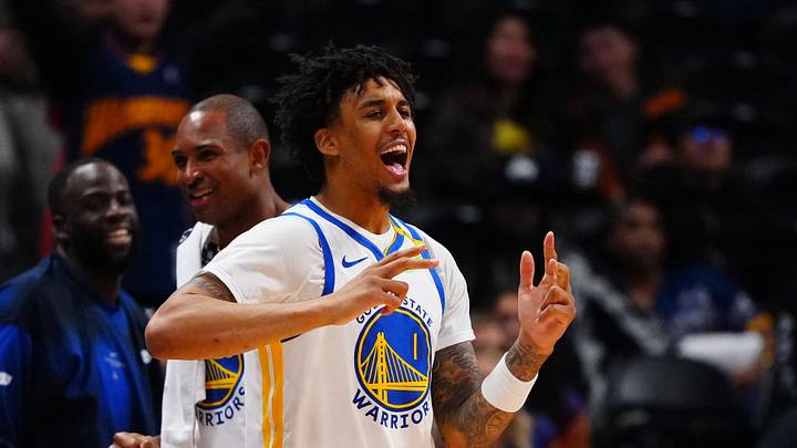 Denver, Colorado, USA;  Golden State Warriors forward Yaxel Lendeborg (1) reacts in the fourth quarter against the Denver Nuggets at Ball Arena.  Mandatory Credit: Ron Chenoy-Imagn Images