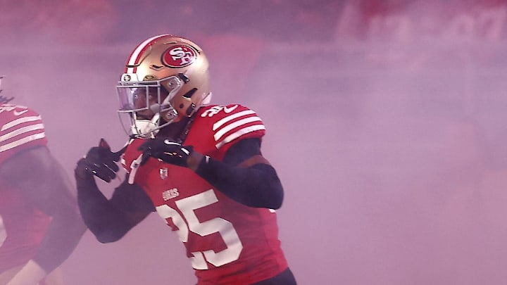 Safety Jason Pinnock takes the field before the game against the Carolina Panthers at Levi's Stadium.  