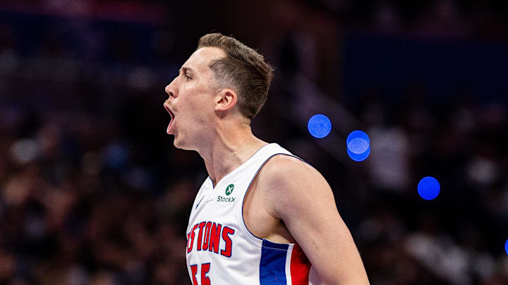 May 1, 2026; Orlando, Florida, USA; Detroit Pistons forward Duncan Robinson (55) celebrates his three pointer agains the Orlando Magic in the fourth quarter during game six of the first round of the 2026 NBA Playoffs at Kia Center. Mandatory Credit: Jeremy Reper-Imagn Images