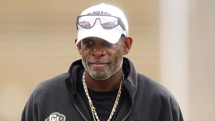 Oct 11, 2025; Boulder, Colorado, USA; Colorado Buffaloes head coach Deion Sanders before the game against the Iowa State Cyclones at Folsom Field. Mandatory Credit: Ron Chenoy-Imagn Images