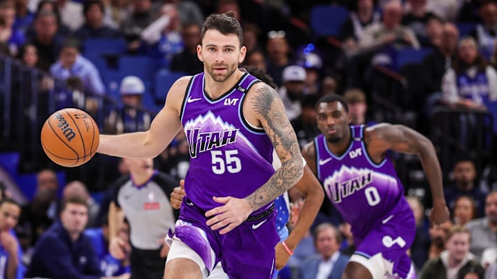 Feb 7, 2026; Orlando, Florida, USA; Utah Jazz forward John Konchar (55) brings the ball up court during the second half against the Orlando Magic at Kia Center. Mandatory Credit: Mike Watters-Imagn Images Feb 7, 2026; Orlando, Florida, USA; Utah Jazz forward John Konchar (55) brings the ball up court during the second half against the Orlando Magic at Kia Center. Mandatory Credit: Mike Watters-Imagn Images