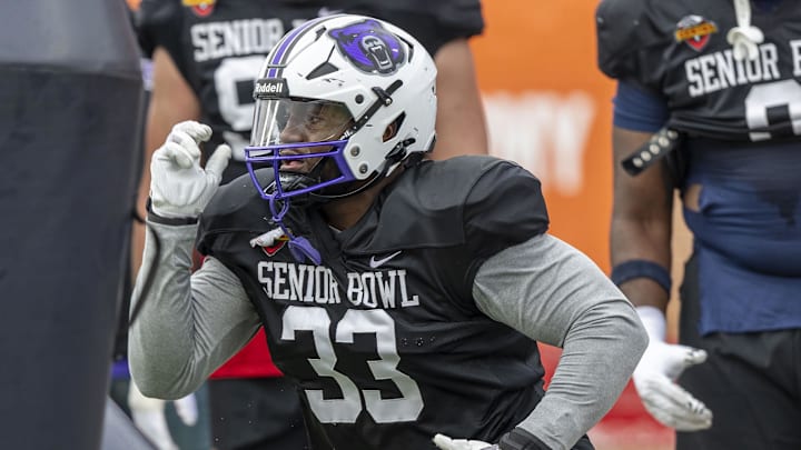 Jan 30, 2025; Mobile, AL, USA; National team defensive lineman David Walker of Central Arkansas (33) works through drills during Senior Bowl practice for the National team at Hancock Whitney Stadium. Mandatory Credit: Vasha Hunt-Imagn Images