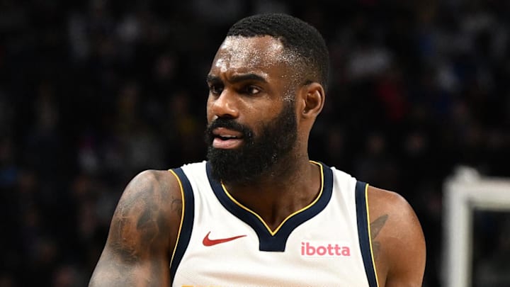 Feb 3, 2026; Detroit, Michigan, USA;  Denver Nuggets guard Tim Hardaway Jr. (10) argues with official Jacyn Goble (68) after getting called for a foul against the Detroit Pistons in the second quarter at Little Caesars Arena. Mandatory Credit: Lon Horwedel-Imagn Images