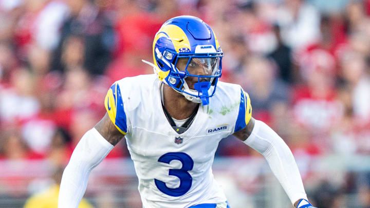 November 9, 2025; Santa Clara, California, USA; Los Angeles Rams safety Kam Curl (3) during the fourth quarter against the San Francisco 49ers at Levi's Stadium. Mandatory Credit: Kyle Terada-Imagn Images