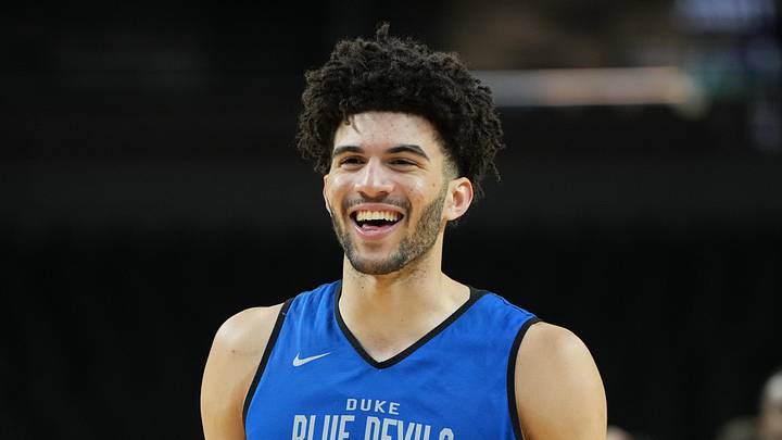 Mar 18, 2026; Greenville, SC, USA; Duke Blue Devils forward Cameron Boozer (12) reacts during a practice session ahead of the first round of the men's 2026 NCAA Tournament at Bon Secours Wellness Arena. Mandatory Credit: Bob Donnan-Imagn Images