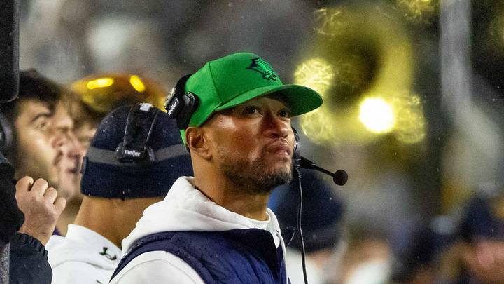 Nov 8, 2025; South Bend, Indiana, USA; Notre Dame Fighting Irish head coach Marcus Freeman looks to the scoreboard against the Navy Midshipmen during the first half at Notre Dame Stadium. Nov 8, 2025; South Bend, Indiana, USA; Notre Dame Fighting Irish head coach Marcus Freeman looks to the scoreboard against the Navy Midshipmen during the first half at Notre Dame Stadium.