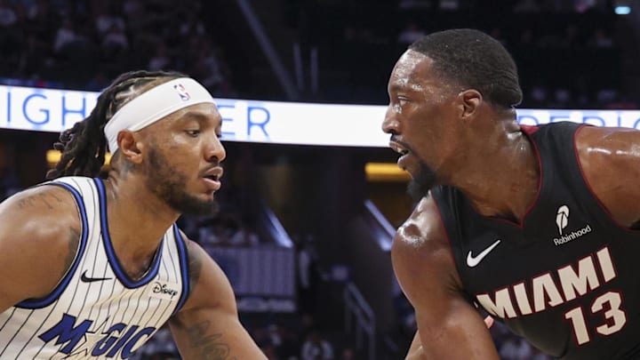 Miami Heat center Bam Adebayo is guarded by Orlando Magic center Wendell Carter Jr.