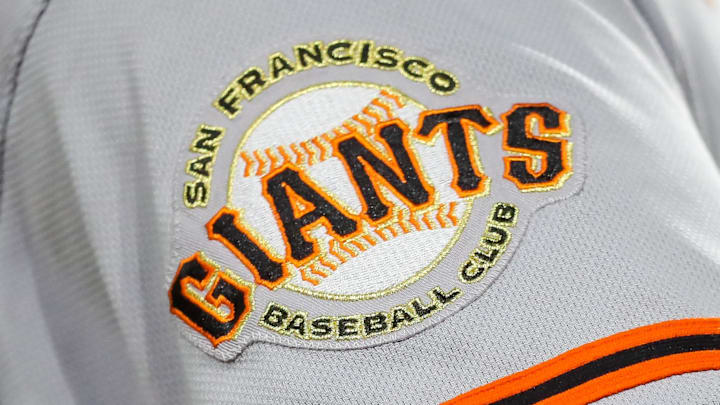 The San Francisco Giants logo on the sleeve of a player's jersey.