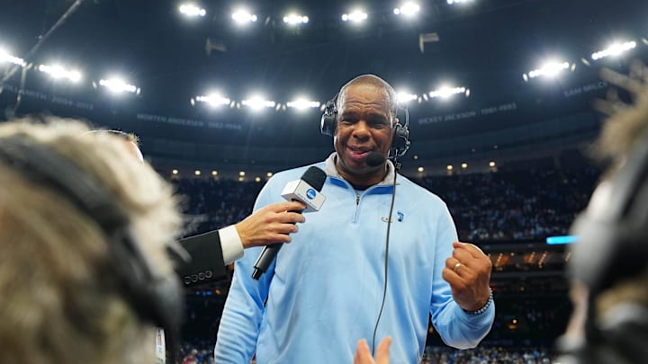 Apr 2, 2022; New Orleans, LA, USA; North Carolina Tar Heels head coach Hubert Davis is interviewed after defeating the Duke Blue Devils during the 2022 NCAA men's basketball tournament Final Four semifinals at Caesars Superdome. Mandatory Credit: Andrew Wevers-Imagn Images