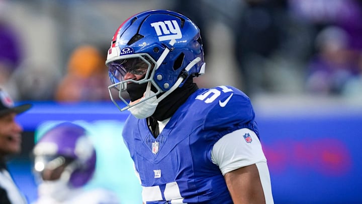 New York Giants linebacker Abdul Carter (51) celebrates after a play during a game against the Minnesota Vikings at MetLife Stadium, Dec 21, 2025, East Rutherford, NJ, USA