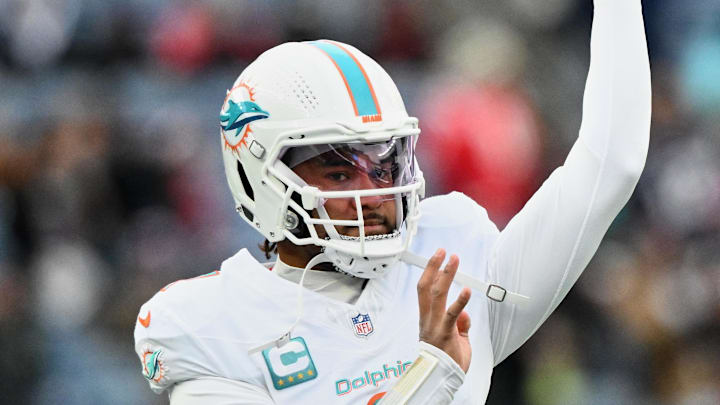 Jan 4, 2026; Foxborough, Massachusetts, USA; Miami Dolphins quarterback Tua Tagovailoa (1) throws a pass before the game against the New England Patriots at Gillette Stadium. Mandatory Credit: Brian Fluharty-Imagn Images