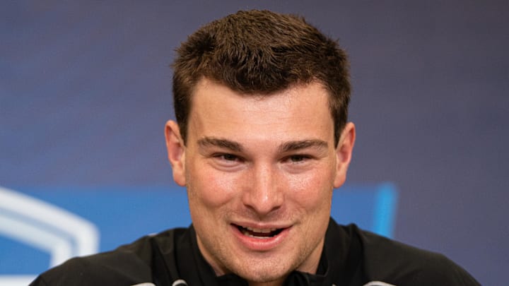 Former Indiana quarterback Fernando Mendoza speaks to members of the media during the NFL Combine.