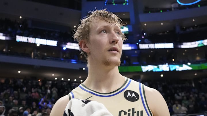 Apr 10, 2026; Milwaukee, Wisconsin, USA;  Milwaukee Bucks guard AJ Green (20) looks around following the game against the Brooklyn Nets at Fiserv Forum. Mandatory Credit: Jeff Hanisch-Imagn Images