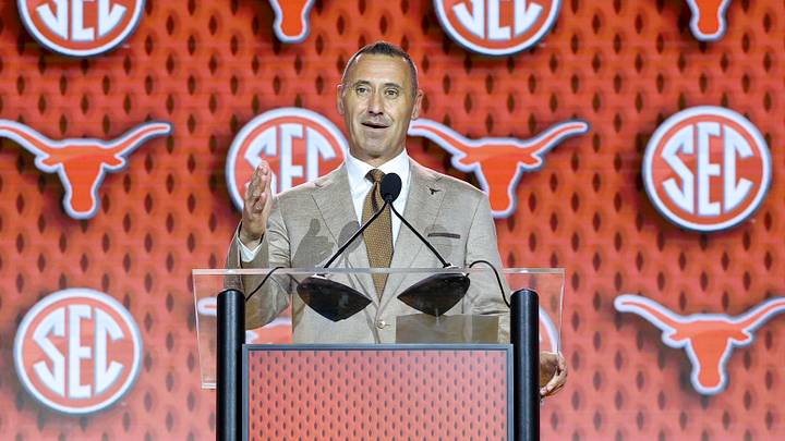 Texas Longhorns head coach Steve Sarkisian speaks to the press during SEC Football Kickoff Media Day at the Tampa Marriott. Texas Longhorns head coach Steve Sarkisian speaks to the press during SEC Football Kickoff Media Day at the Tampa Marriott.
