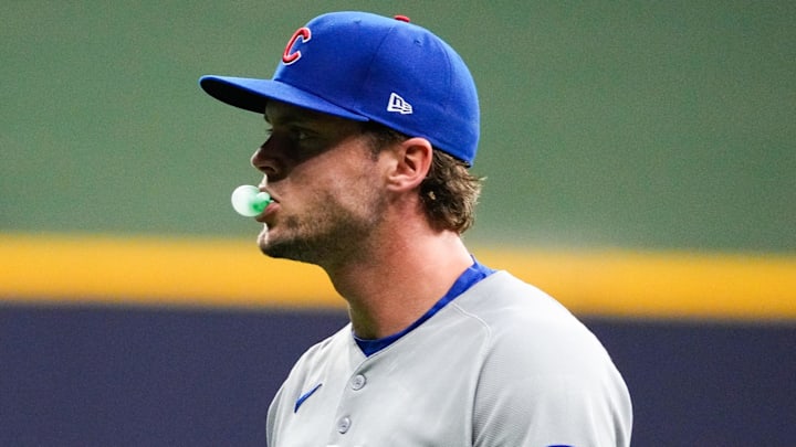 Oct 6, 2025; Milwaukee, Wisconsin, USA; Chicago Cubs second baseman Nico Hoerner (2) looks on before the game against the Milwaukee Brewers during game two of the NLDS round for the 2025 MLB playoffs at American Family Field. Mandatory Credit: Michael McLoone-Imagn Images