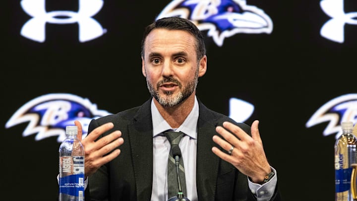 Jan 29, 2026; Owings Mills, MD, USA; Jesse Minter and Eric DeCosta at press conference at Under Armour Performance Center. Mandatory Credit: Lexi Thompson-Imagn Images