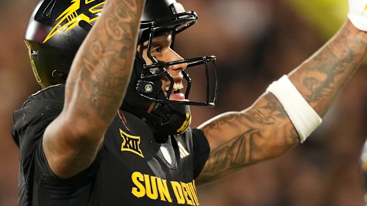 Sep 26, 2025; Tempe, Arizona, USA; Arizona State Sun Devils wide receiver Jordyn Tyson (0) celebrates quarterback Sam Leavitt’s (not pictured) touchdown against TCU Horned Frogs during the first half at Mountain America Stadium, Home of the ASU Sun Devils. Mandatory Credit: Jacob Reiner-Imagn Images
