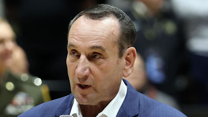 Nov 11, 2025; West Point, New York, USA; Former Duke Blue Devils and Army head coach Mike Krzyzewski is honored by West Point before a game between the Army Black Knights and Duke Blue Devils at Christl Arena. Mandatory Credit: Danny Wild-Imagn Images Nov 11, 2025; West Point, New York, USA; Former Duke Blue Devils and Army head coach Mike Krzyzewski is honored by West Point before a game between the Army Black Knights and Duke Blue Devils at Christl Arena. Mandatory Credit: Danny Wild-Imagn Images