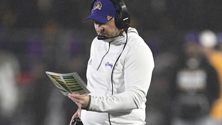 Dec 28, 2024; Annapolis, MD, USA; East Carolina Pirates head coach Blake Harrell stands on the field during the Go Bowling Military Bowl in the first half against the North Carolina State Wolfpack at Navy-Marine Corps Memorial Stadium. Mandatory Credit: Tommy Gilligan-Imagn Images Dec 28, 2024; Annapolis, MD, USA; East Carolina Pirates head coach Blake Harrell stands on the field during the Go Bowling Military Bowl in the first half against the North Carolina State Wolfpack at Navy-Marine Corps Memorial Stadium. Mandatory Credit: Tommy Gilligan-Imagn Images