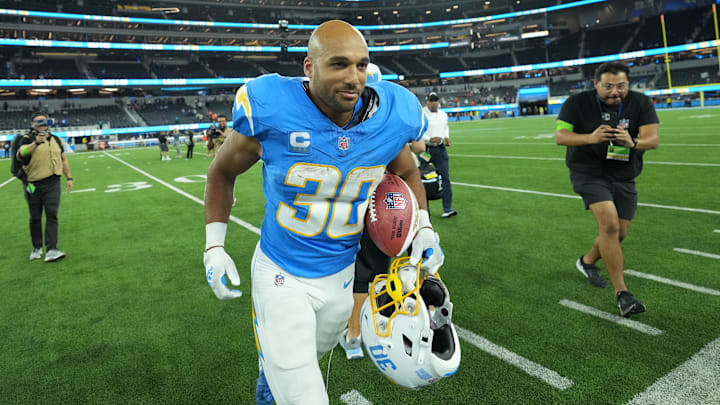 Oct 29, 2023; Inglewood, California, USA; Los Angeles Chargers running back Austin Ekeler (30)