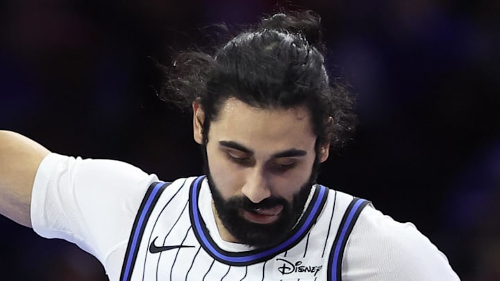 Orlando Magic center Goga Bitadze reacts after his score against the Philadelphia 76ers.