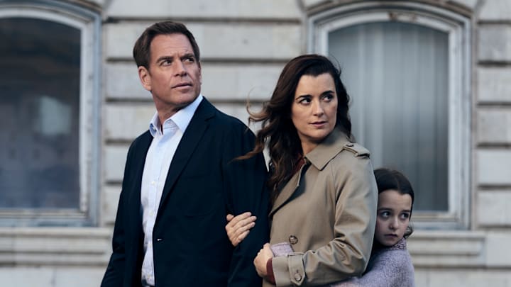 L-R Michael Weatherly as Tony Dinozzo, Cote de Pablo as Ziva David and Isla Gie as Tali In NCIS: Tony & Ziva, season 1, airing on Paramount+ 2025. 