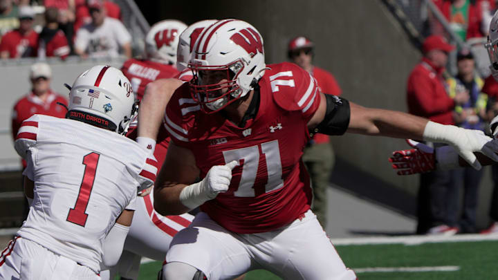 Wisconsin offensive lineman Riley Mahlman (71) provides pass protection during the second quarter of their game against South Dakota Saturday, September 7 , 2024 at Camp Randall Stadium in Madison, Wisconsin.
