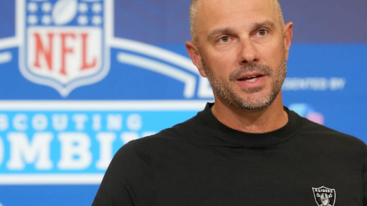 Feb 24, 2026; Indianapolis, IN, USA; Las Vegas Raiders general manager John Spytek speaks at the NFL Scouting Combine at the Indiana Convention Center. Mandatory Credit: Kirby Lee-Imagn Images Feb 24, 2026; Indianapolis, IN, USA; Las Vegas Raiders general manager John Spytek speaks at the NFL Scouting Combine at the Indiana Convention Center. Mandatory Credit: Kirby Lee-Imagn Images