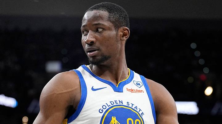 Golden State Warriors forward Jonathan Kuminga (00) reacts to a call by an official during the first half against the San Antonio Spurs at Frost Bank Center on March 11, 2024. Golden State Warriors forward Jonathan Kuminga (00) reacts to a call by an official during the first half against the San Antonio Spurs at Frost Bank Center on March 11, 2024.