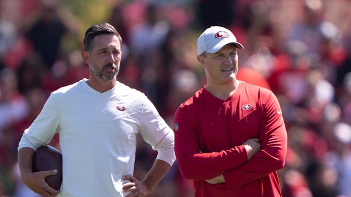 San Francisco 49ers head coach Kyle Shanahan (left) and general manager John Lynch (right)