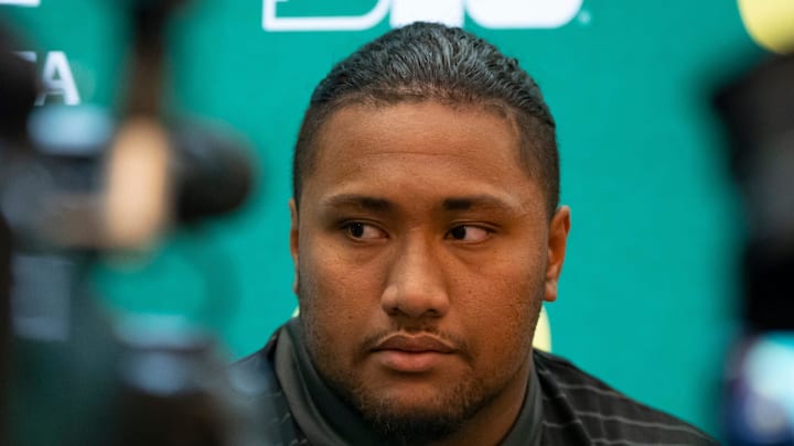 Oregon offensive lineman Iapani Laloulu listens to questions during Oregon football’s Media Day on July 28, 2025, at Autzen Stadium in Eugene.