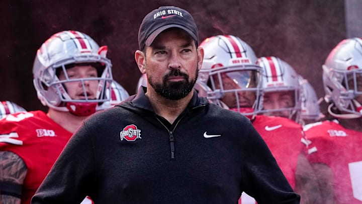 Ohio State Buckeyes head coach Ryan Day prepares to take the field prior to the NCAA football game against the Nebraska Cornhuskers at Ohio Stadium in Columbus on Saturday, Oct. 26, 2024.