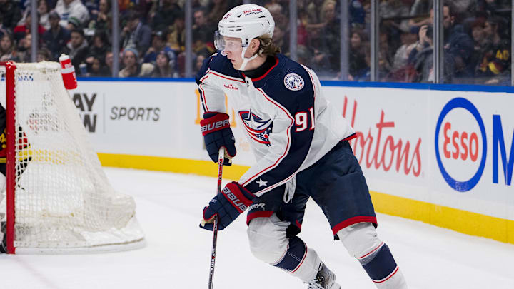 Jan 27, 2024; Vancouver, British Columbia, CAN; Columbus Blue Jackets forward Kent Johnson (91)
