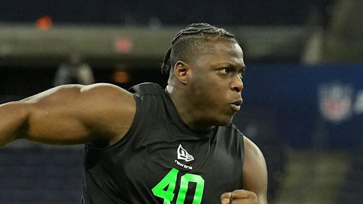 Mar 1, 2026; Indianapolis, IN, USA; Oregon offensive lineman Emmanuel Pregnon (OL40) during the NFL Scouting Combine at Lucas Oil Stadium