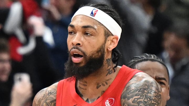 Apr 26, 2026; Toronto, Ontario, CAN;  Toronto Raptors forward Brandon Ingram (3) is greeted by center Jakob Poeltl (19) after sinking a three point basket at the end of the first half against the Cleveland Cavaliers during game four of the first round of the 2026 NBA Playoffs at Scotiabank Arena. Mandatory Credit: Dan Hamilton-Imagn Images