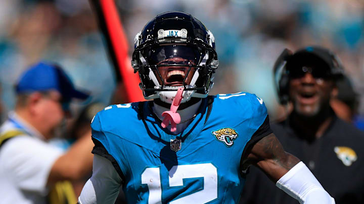 Jacksonville Jaguars wide receiver Travis Hunter (12) reacts to his carry during the first quarter of an NFL football matchup, Sunday, Oct. 12, 2025, at EverBank Stadium in Jacksonville, Fla. The Seahawks defeated the Jaguars 20-12.