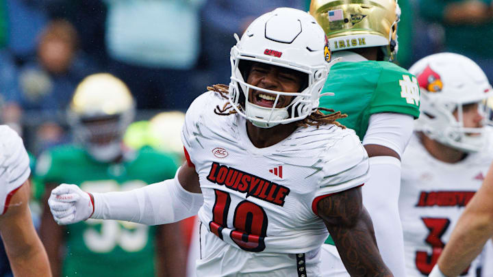 Louisville defensive back Benjamin Perry (10) celebrates a turnover during a NCAA college football game between Notre Dame and Louisville at Notre Dame Stadium on Saturday, Sept. 28, 2024, in South Bend.