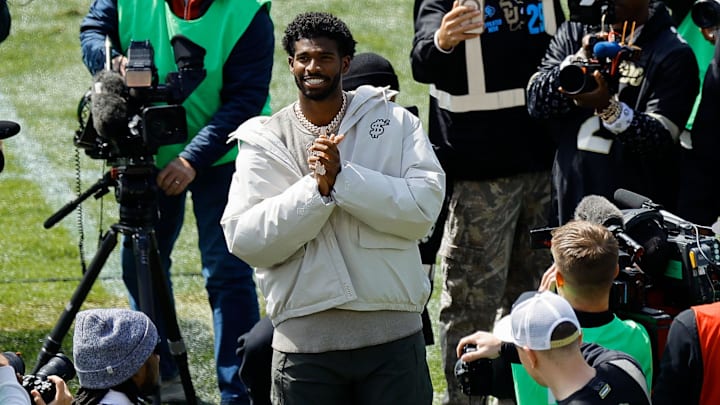 Colorado's Shedeur Sanders during his number retirement ceremony on April 19.