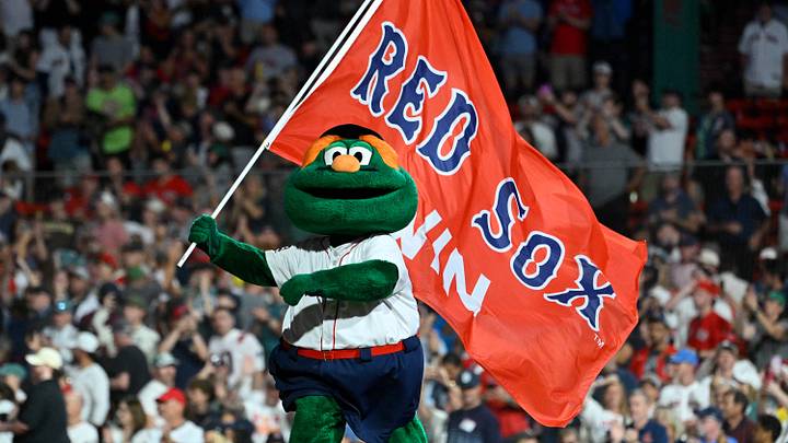 August 18, 2026; Boston, Massachusetts, USA; Boston Red Sox mascot Wally celebrates the team defeating the Arizona Diamondbacks at Fenway Park. Mandatory Credit: Eric Canha-Imagn Images