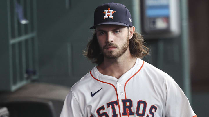 Mar 29, 2025; Houston, Texas, USA; Houston Astros starting pitcher Spencer Arrighetti (41) walks in the dugout before the game against the New York Mets at Daikin Park