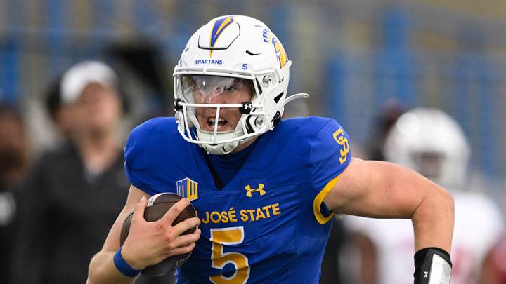 Nov 29, 2024; San Jose, California, USA; San Jose State Spartans quarterback Walker Eget (5) runs the ball against the Stanford Cardinal in the fourth quarter at CEFCU Stadium. Mandatory Credit: Eakin Howard-Imagn Images Nov 29, 2024; San Jose, California, USA; San Jose State Spartans quarterback Walker Eget (5) runs the ball against the Stanford Cardinal in the fourth quarter at CEFCU Stadium. Mandatory Credit: Eakin Howard-Imagn Images