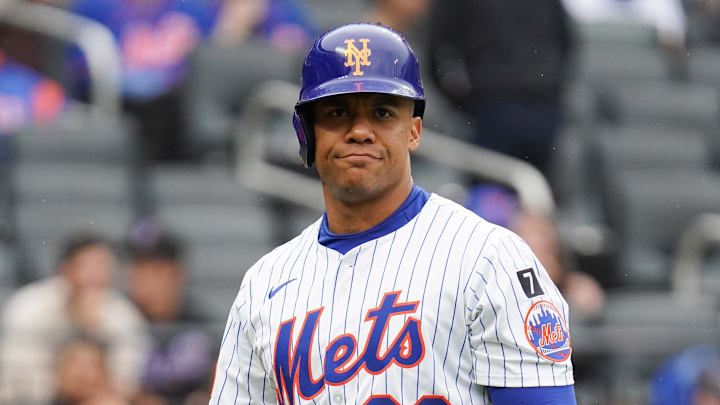 May 28, 2025; New York, New York, USA; New York Mets right fielder Juan Soto (22) reacts after striking out during the game against the Chicago White Sox at Citi Field. Mandatory Credit: Lucas Boland-Imagn Images