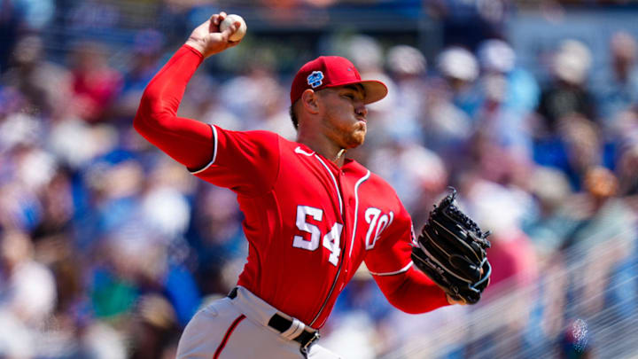 Mar 14, 2023; Port St. Lucie, Florida, USA; Washington Nationals starting pitcher Cade Cavalli (54) throws a pitch against the New York Mets during the first inning at Clover Park. Mar 14, 2023; Port St. Lucie, Florida, USA; Washington Nationals starting pitcher Cade Cavalli (54) throws a pitch against the New York Mets during the first inning at Clover Park.