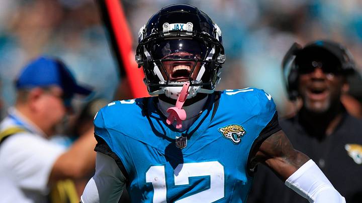 Jacksonville Jaguars wide receiver Travis Hunter (12) reacts to his carry during the first quarter of an NFL football matchup, Sunday, Oct. 12, 2025, at EverBank Stadium in Jacksonville, Fla. The Seahawks defeated the Jaguars 20-12.
